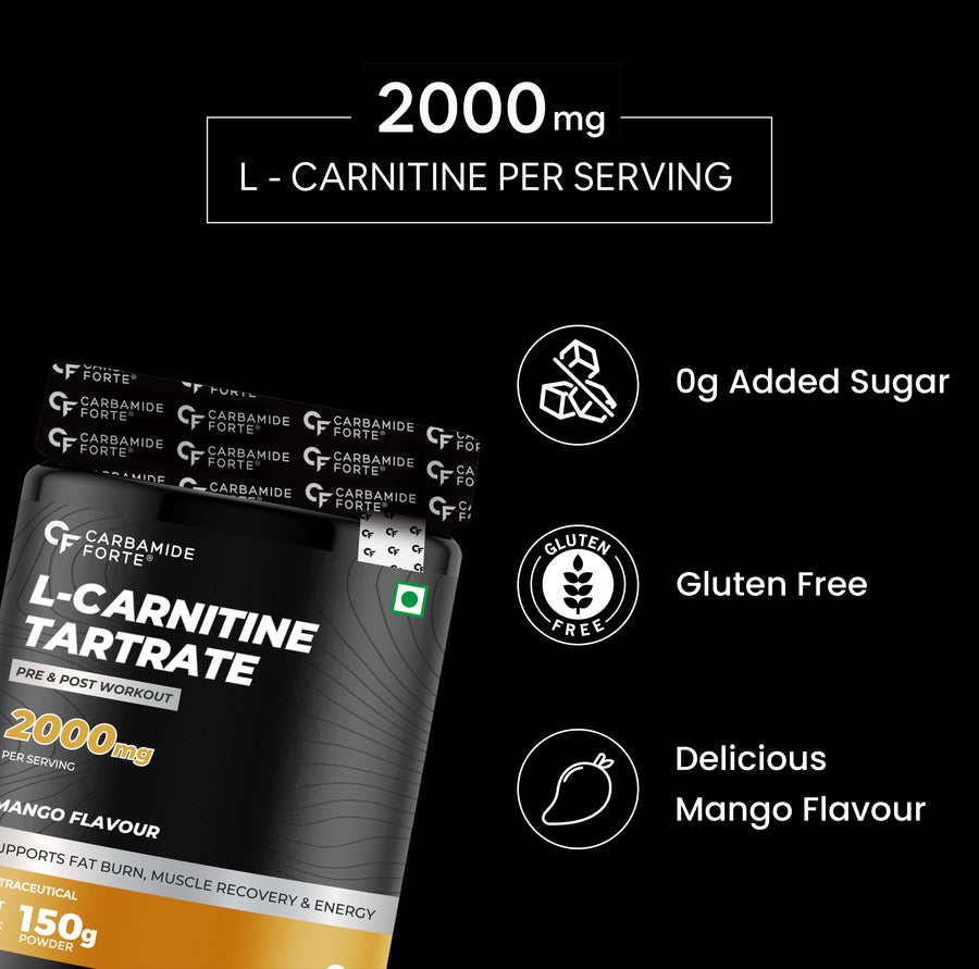 Carbamide Forte L Carnitine L Tartrate 2000mg Powder for Pre & Post Workout - Mango Flavour - 150g