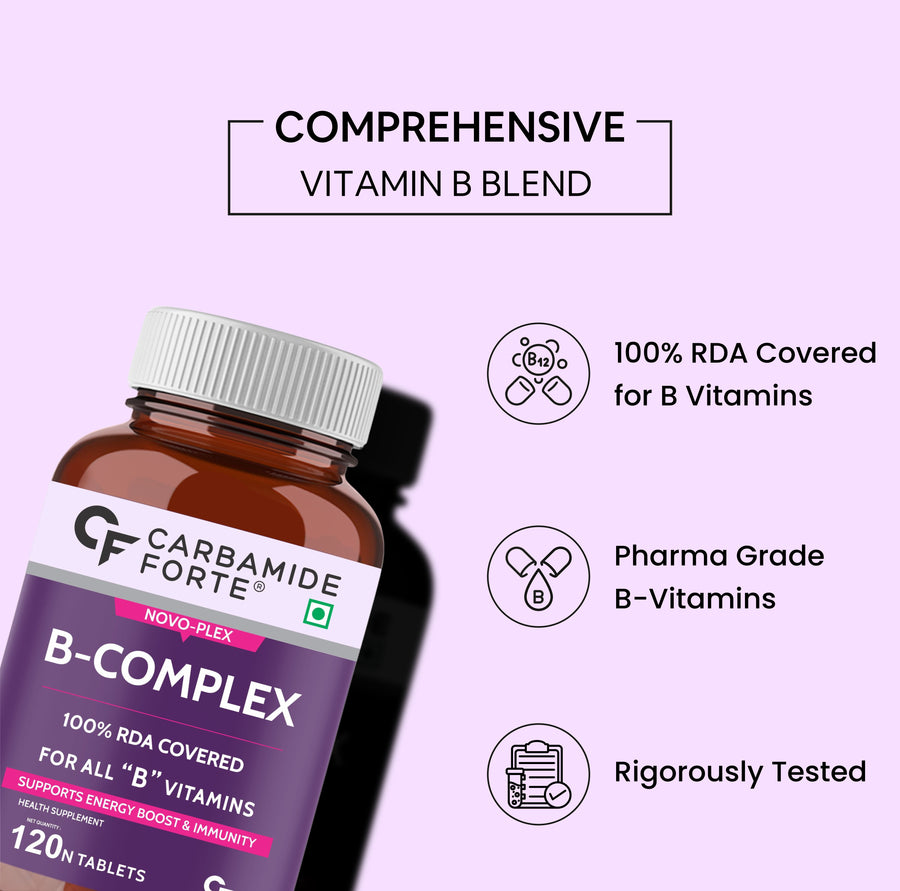 Carbamide Forte Vitamin B-Complex Tablets - 100% RDA for B Vitamins with B1, B2, B3, B5, B6, B9 & Vitamin B12 | Vitamin B Complex Supplements for Women & Men - 120 Vegetarian Tablets