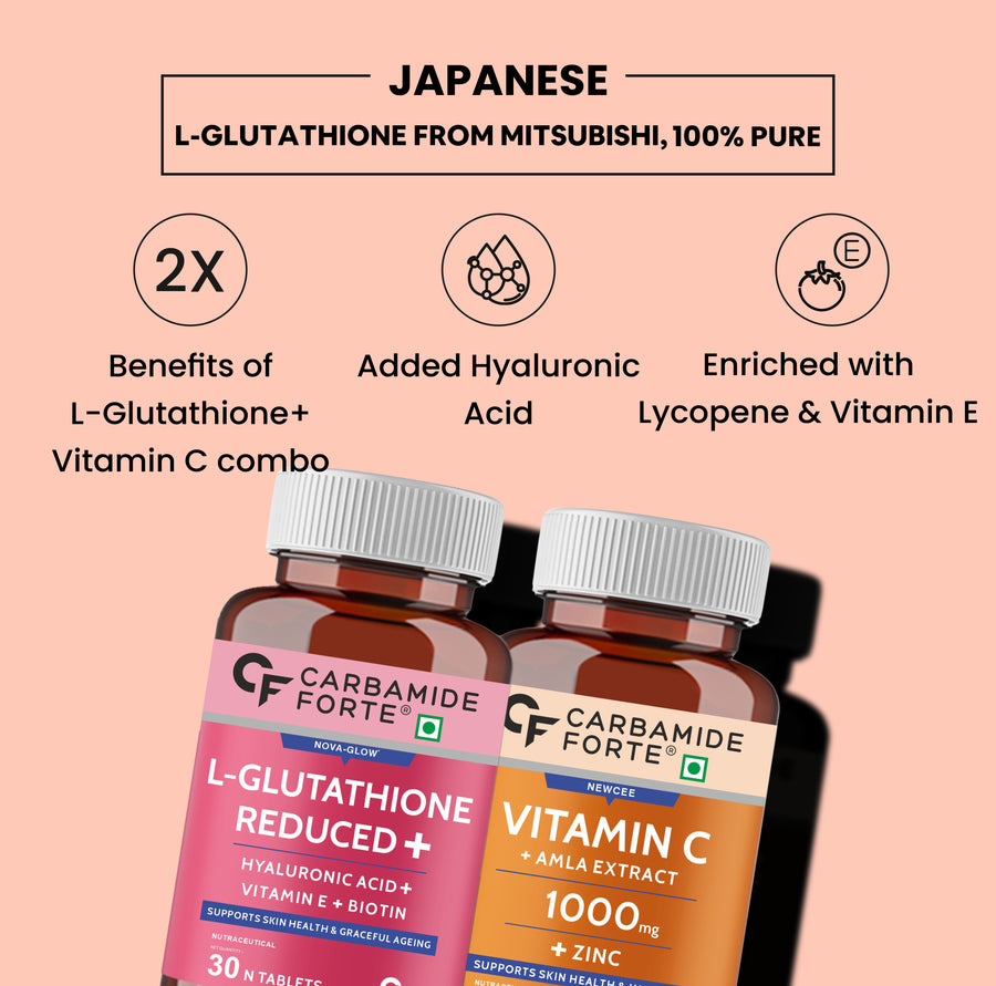 Carbamide Forte Japanese Reduced L Glutathione 500mg Tablets with Vitamin C from Amla Extract | Combo Pack for Skin Health – 30 Veg Tablets Each
