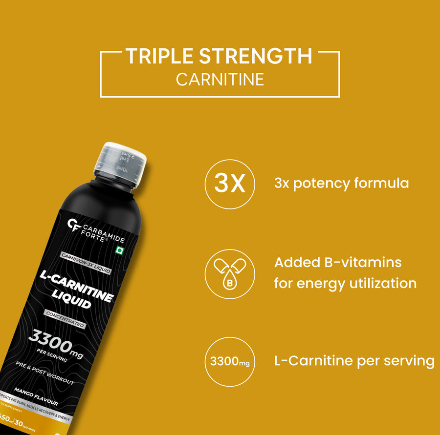 Carbamide Forte L-Carnitine Liquid 3300mg Per Serving with Added Vitamins | L-Carnitine L-Tartrate - Mango Flavour - 30 Servings - 450ml