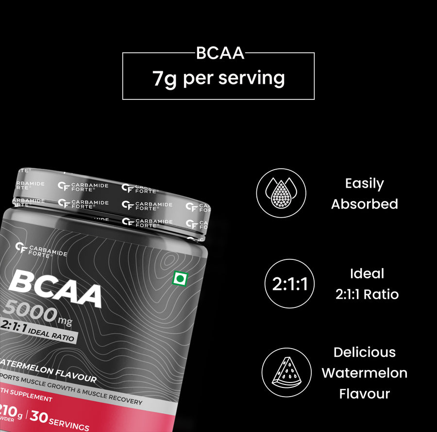 Carbamide Forte BCAA Powder - BCAA with 2:1:1 Ratio for Muscle Growth & Muscle Recovery - For Gym Goers - 210g