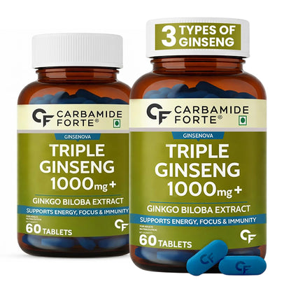Triple Ginseng 1000mg Supplement with Ginkgo Biloba for Energy, Focus & Stamina