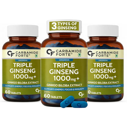 Triple Ginseng 1000mg Supplement with Ginkgo Biloba for Energy, Focus & Stamina
