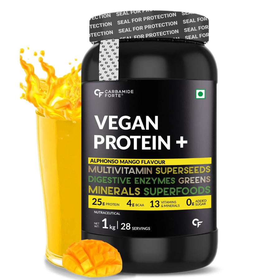 Carbamide Forte Vegan Protein Powder - Plant Based Pea Protein Powder with Multivitamin, Minerals, Superfoods, Digestive Enzymes - Alphonso Mango Flavour - 1kg