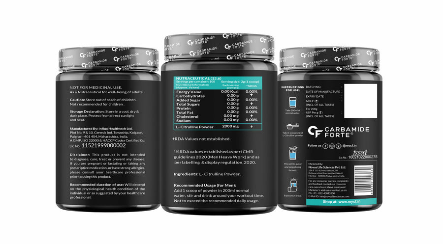 Carbamide Forte L Citrulline Powder 2000mg | Boosts Nitric Oxide, Pre Workout Supplements for Men & Women - Unflavoured - 100 SERVINGS - 200g