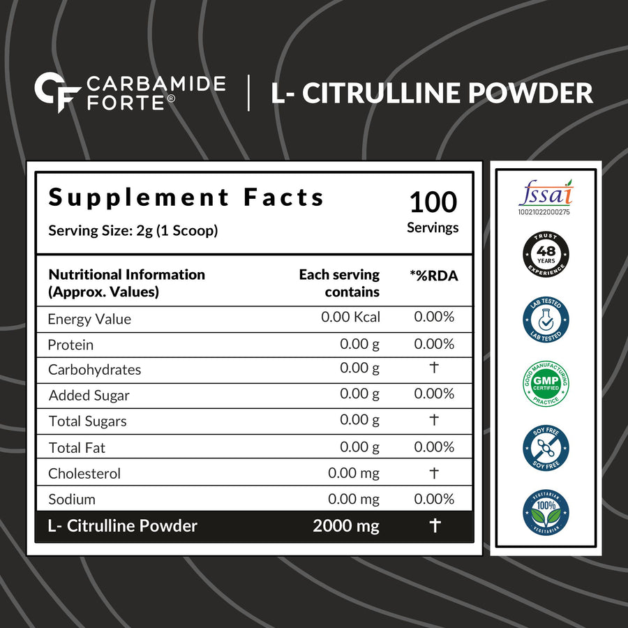 Carbamide Forte L Citrulline Powder 2000mg | Boosts Nitric Oxide, Pre Workout Supplements for Men & Women - Unflavoured - 100 SERVINGS - 200g