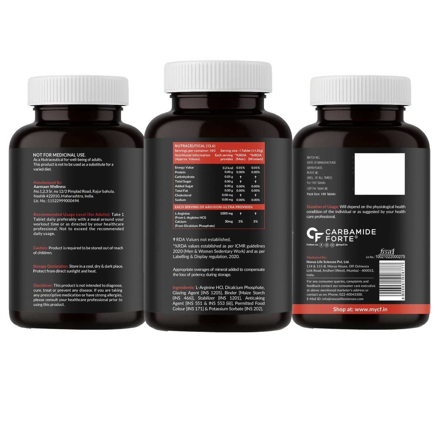 Carbamide Forte L Arginine 1000 mg | l-Arginine Supplements For Man | Boosts Nitric Oxide Production | Improved Oxygen Flow -Veg 180 Tablets