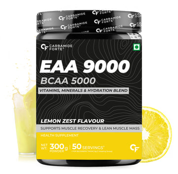 Carbamide Forte EAA 9000mg Supplement with BCAA 5000mg | EAA Supplement for Men & Women with Hydration Blend & Vitamins - Lemon Zest Flavour - 25 Servings - 300g