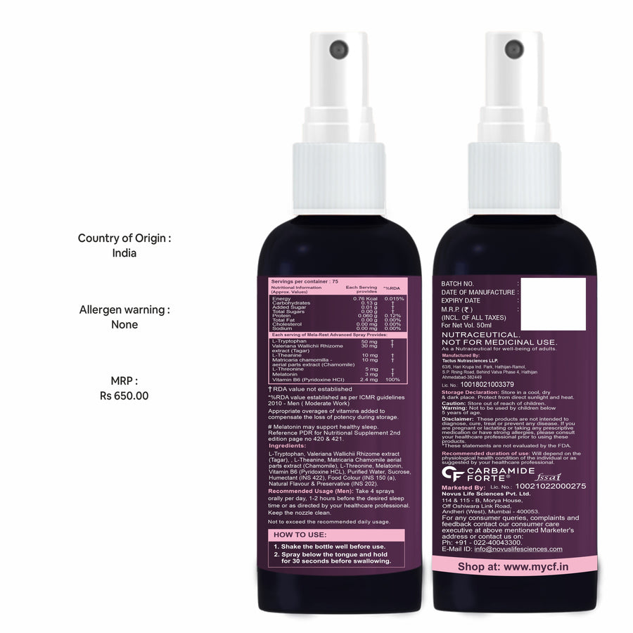 CF Melatonin Spray with Tagara & Chamomile - Sleeping Aid Supplement | Mint Flavour - 300 Sprays