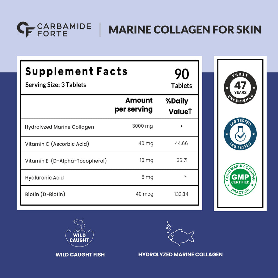 Carbamide Forte Hydrolyzed Marine Collagen, 90 Tablets | Peptides 3000mg with Biotin & Hyaluronic Acid - Collagen Type 1 Powder
