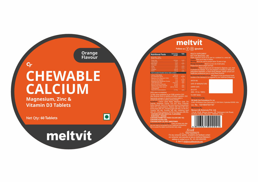 Meltvit Chewable Calcium Tablets 1000mg with Vitamin D3, Magnesium & Zinc Tablets | Water Soluble Calcium Citrate Malate 1000mg with Stabilised D3 - 60 Veg Tablets