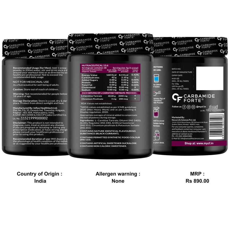 Carbamide Forte L Carnitine L Tartrate 2000mg Powder for Pre & Post Workout - Blackcurrant Flavour - 150g