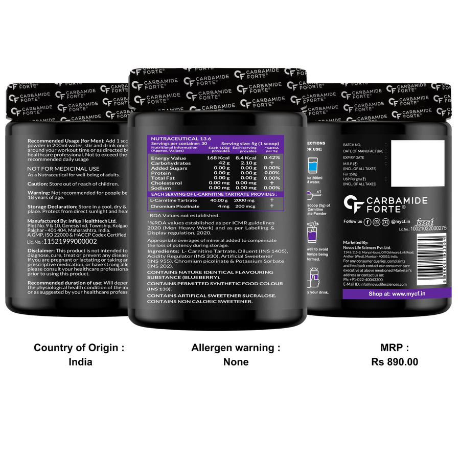 Carbamide Forte L Carnitine L Tartrate 2000mg Powder for Pre & Post Workout - 150g - Bluberry Flavour