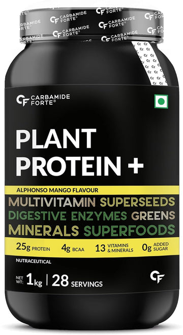 Carbamide Forte Plant Protein Powder - Plant Based Pea Protein Powder with Multivitamin, Minerals, Superfoods, Digestive Enzymes - Alphonso Mango Flavour - 1kg
