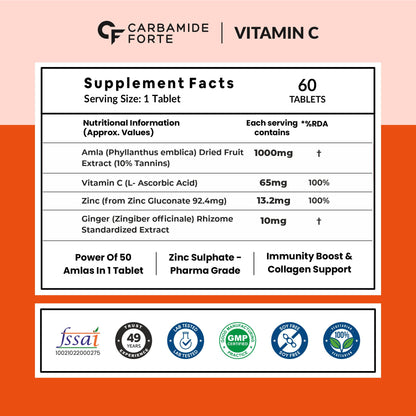 Natural Vitamin C from Amla with Zinc | 1000 mg | 60 Tablets
