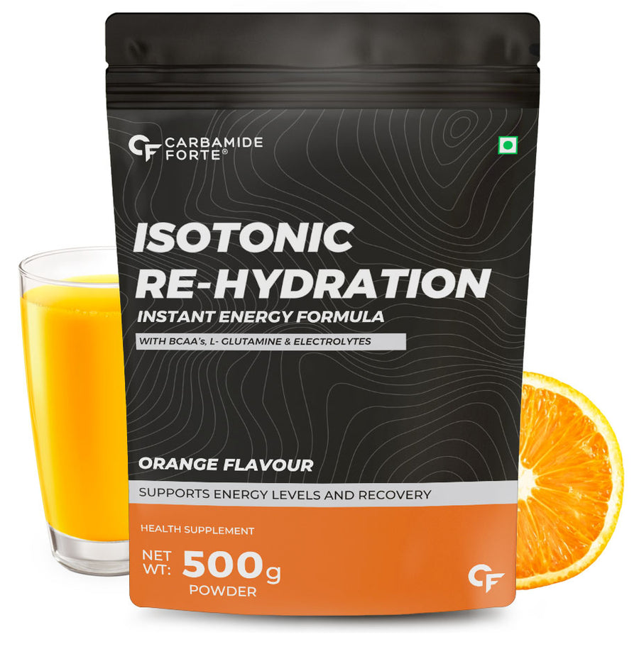 Carbamide Forte Isotonic Powder | Instant Energy Drink for Workout | Electrolyte Powder with added BCAA & L Glutamine - Orange Flavour - 500g (Pack of 1)