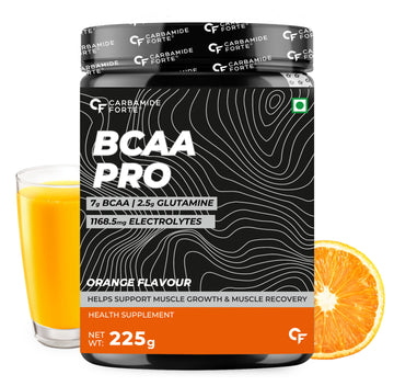 Carbamide Forte BCAA PRO Supplement for Men & Women 15g Serving with L-Glutamine & L-Citrulline|Max Strength BCAA Powder with 1168.5mg Electrolyte Blend & Vitamin B6 Supplement - Orange Flavour -225g