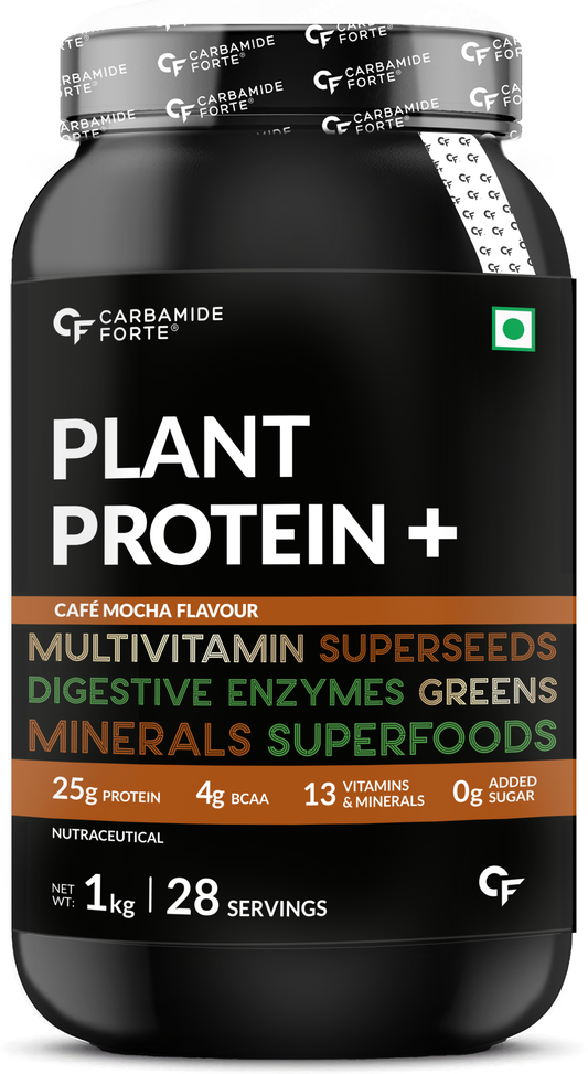 Carbamide Forte Vegan Protein Powder - Plant Based Protein Powder with Multivitamin, Minerals, Superfoods, Pea Protein, Digestive Enzymes | Plant Protein Powder Cafe Mocha Flavour - 1Kg
