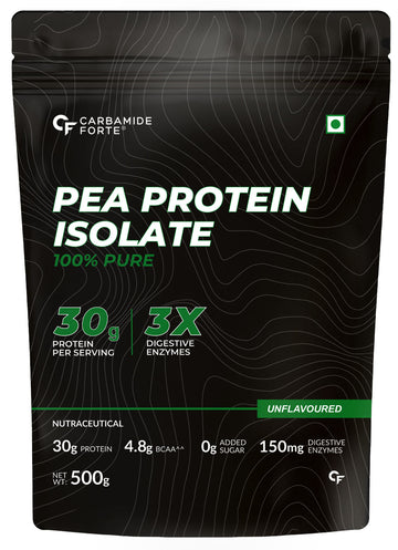 Carbamide Forte Pea Protein Isolate 30g per serving | Vegan Plant Protein Powder Isolate with 4.8g BCAA | 100% Pure Unflavoured Plant Pea Protein Powder - 500g