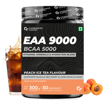 Carbamide Forte EAA 9000mg Supplement with BCAA 5000mg | EAA Supplement for Men & Women with Hydration Blend & Vitamins - Peach Ice Tea Flavour - 50 Servings - 300g Powder