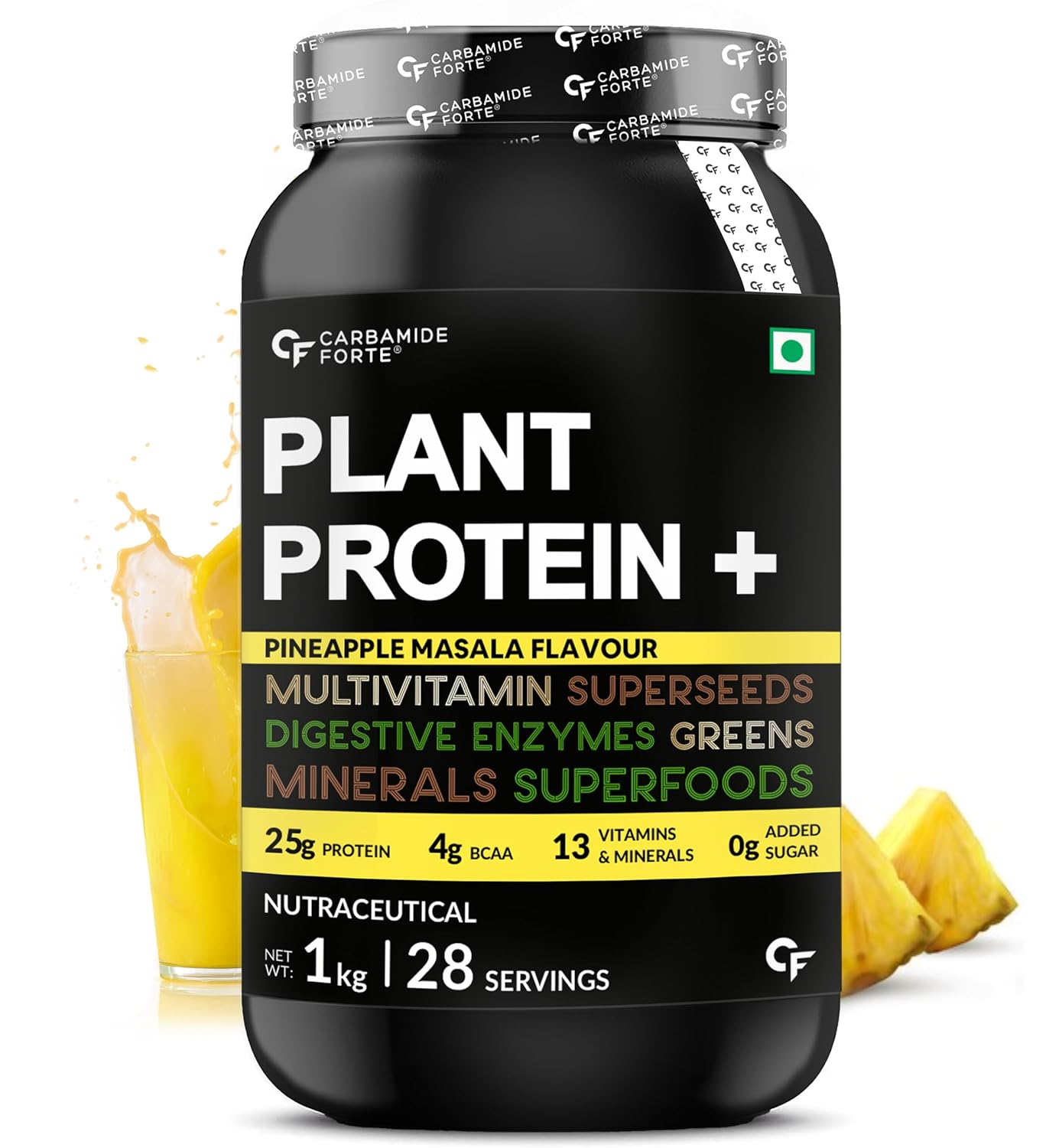 Carbamide Forte Vegan Protein Powder - Plant Based Protein Powder with Multivitamin, Minerals, Superfoods, Pea Protein, Digestive Enzymes | Pineapple Masala - 1Kg