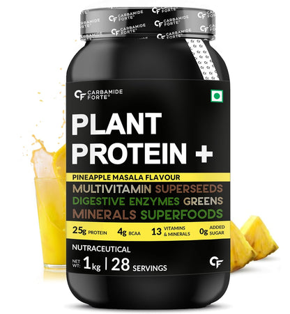 Carbamide Forte Vegan Protein Powder - Plant Based Protein Powder with Multivitamin, Minerals, Superfoods, Pea Protein, Digestive Enzymes | Pineapple Masala - 1Kg