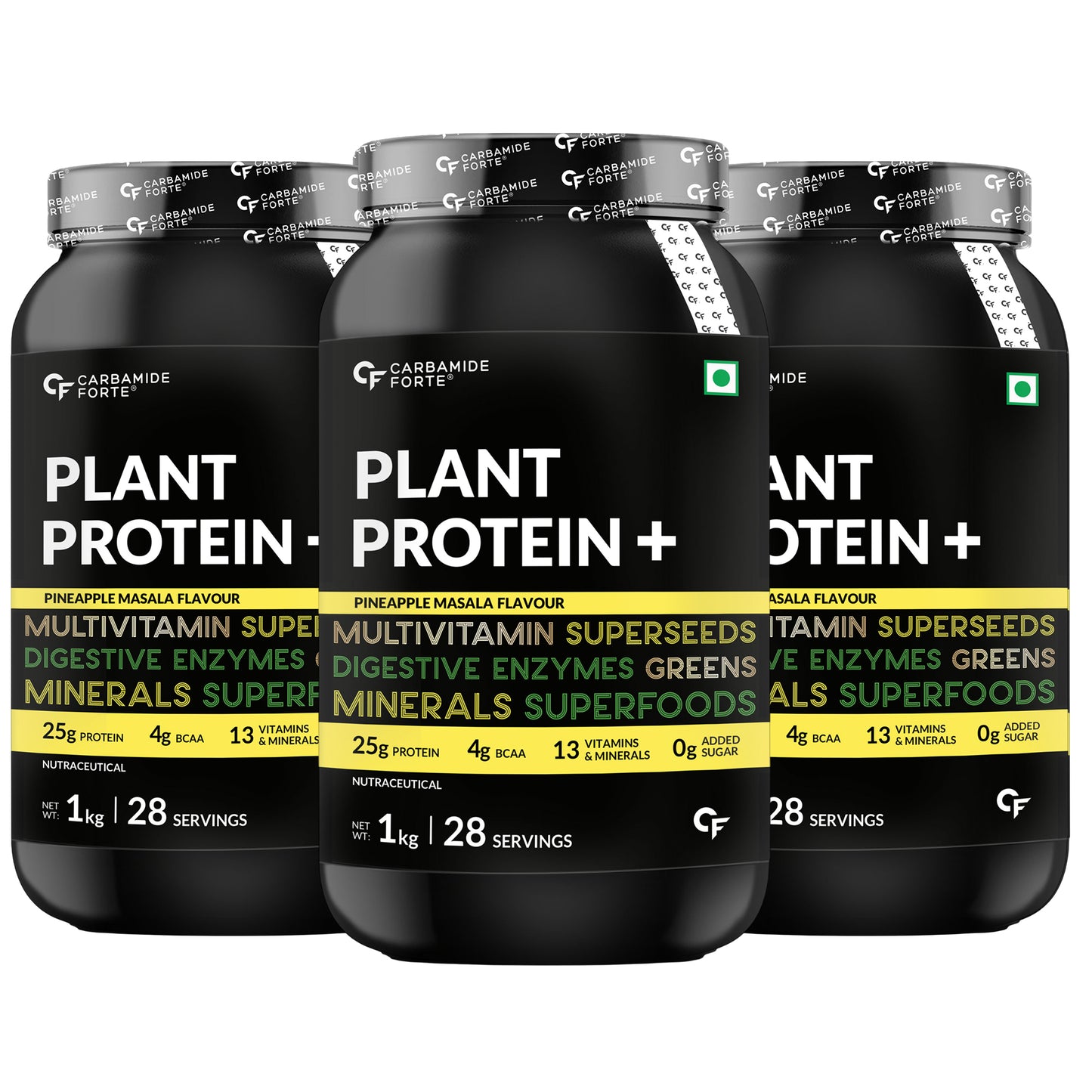 Carbamide Forte Vegan Protein Powder - Plant Based Protein Powder with Multivitamin, Minerals, Superfoods, Pea Protein, Digestive Enzymes | Pineapple Masala - 1Kg