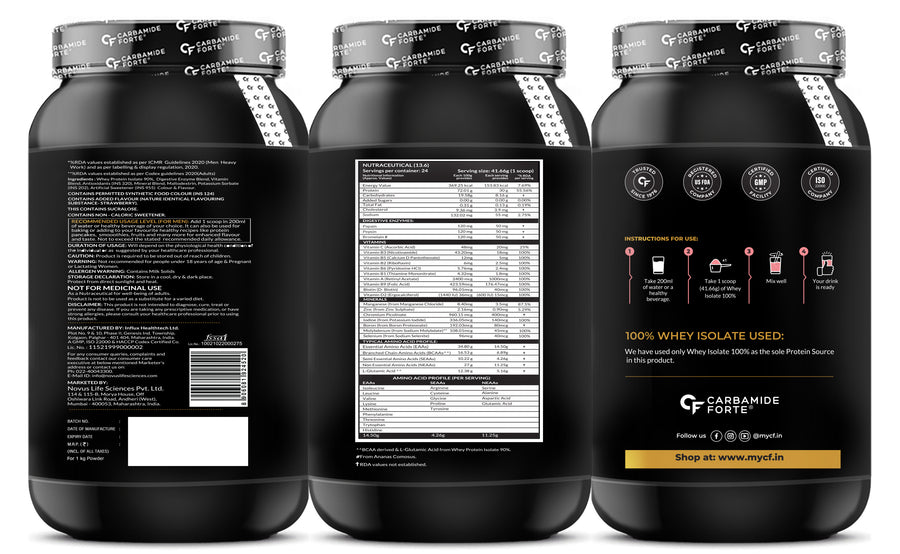 Carbamide Forte Whey Protein Powder Isolate |100% Pure Protein Powder for Men|30g Protein|3X digestive Enzymes|6.89g BCAA|14.50g EAA|No added sugar|Strawberry Flavour - 1Kg