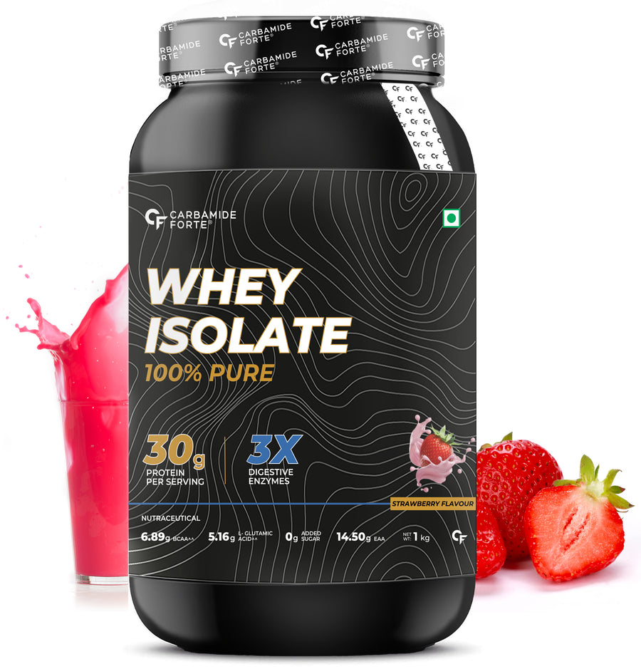 Carbamide Forte Whey Protein Powder Isolate |100% Pure Protein Powder for Men|30g Protein|3X digestive Enzymes|6.89g BCAA|14.50g EAA|No added sugar|Strawberry Flavour - 1Kg