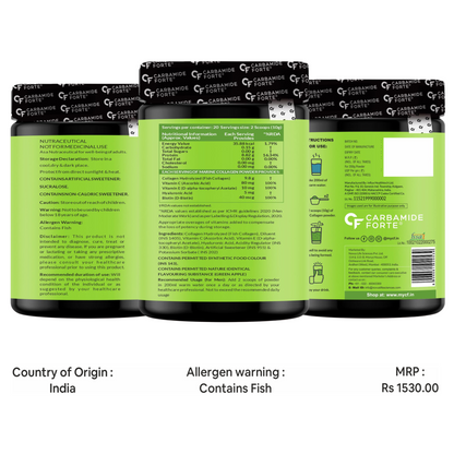 Carbamide Forte Marine Collagen Powder Supplement - for Skin Fish Collagen Powder for Women & Men - 200g Powder - Green Apple Flavour