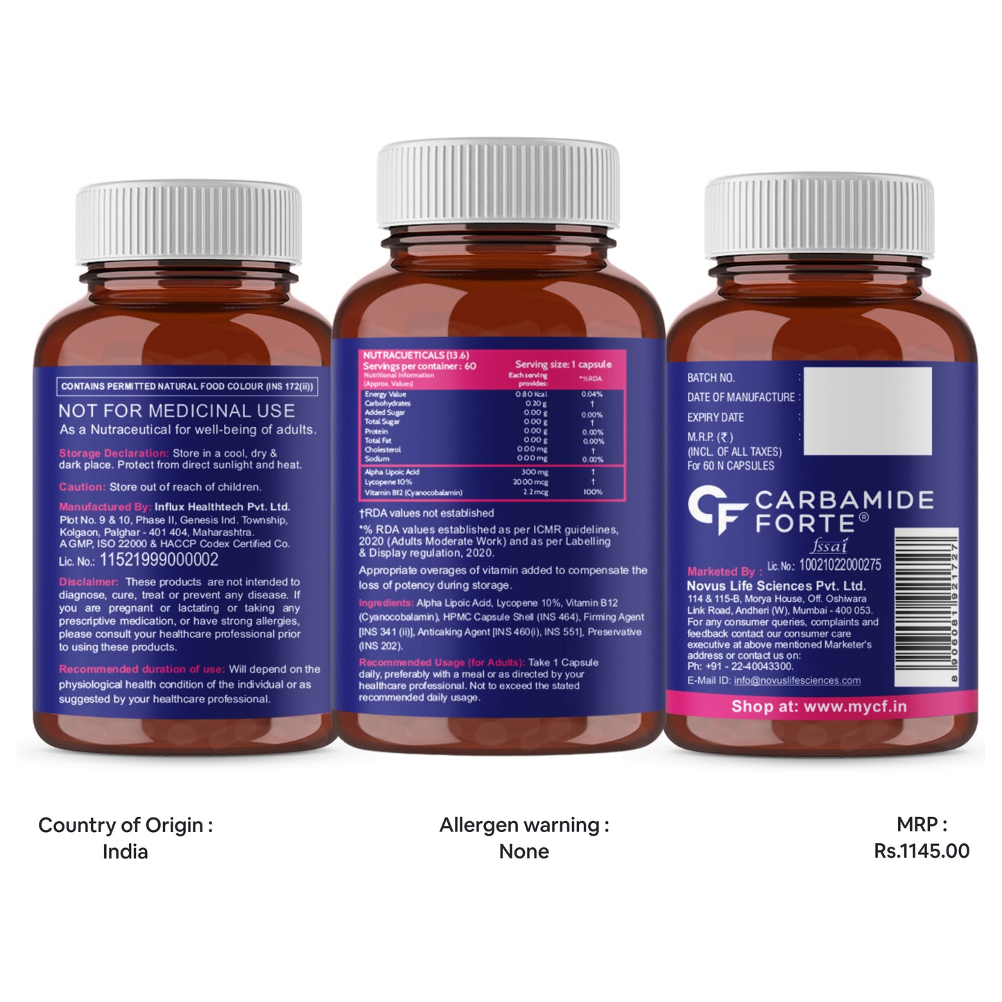 Carbamide Forte Alpha Lipoic Acid 300mg - ALA Capsules with Vitamin B12 & Lycopene | ALA Supplement | Supports Healthy Skin & Immunity - 60 Veg ALA Capsules