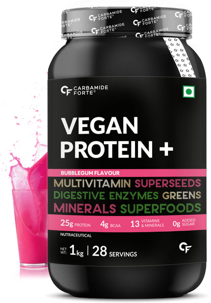 Carbamide Forte Plant Protein Powder - Plant Based Pea Protein Powder with Multivitamin, Minerals, Superfoods, Digestive Enzymes - Bubble Gum Flavour - 1Kg