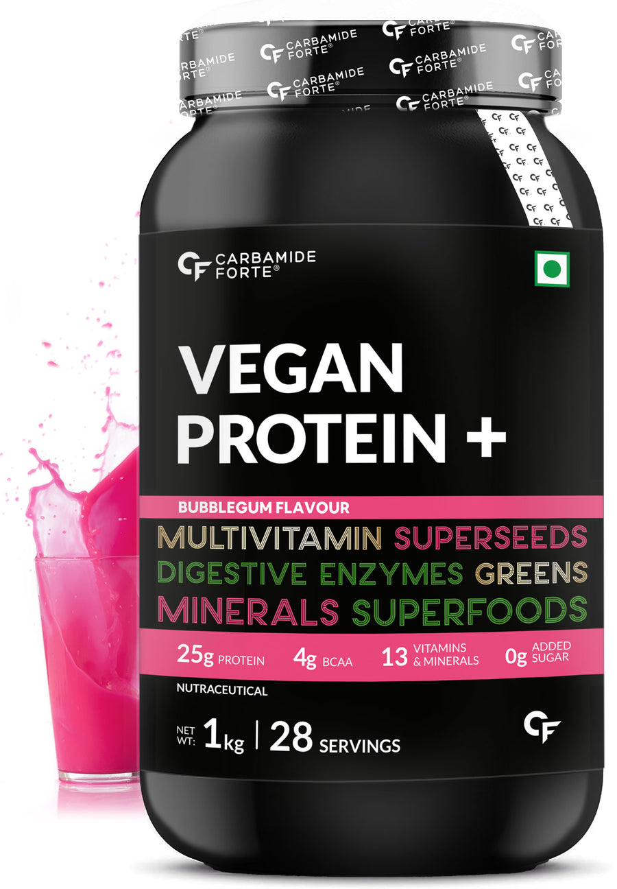 Carbamide Forte Vegan Protein Powder - Plant Based Pea Protein Powder with Multivitamin, Minerals, Superfoods, Digestive Enzymes - Bubble Gum Flavour - 1Kg