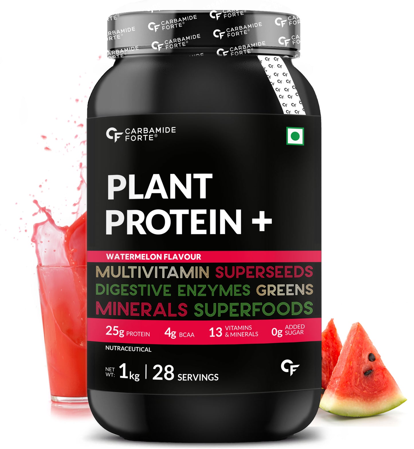 Carbamide Forte Plant Protein Powder - Plant Based Pea Protein Powder with Multivitamin, Minerals, Superfoods, Digestive Enzymes - Watermelon Flavour - 1Kg