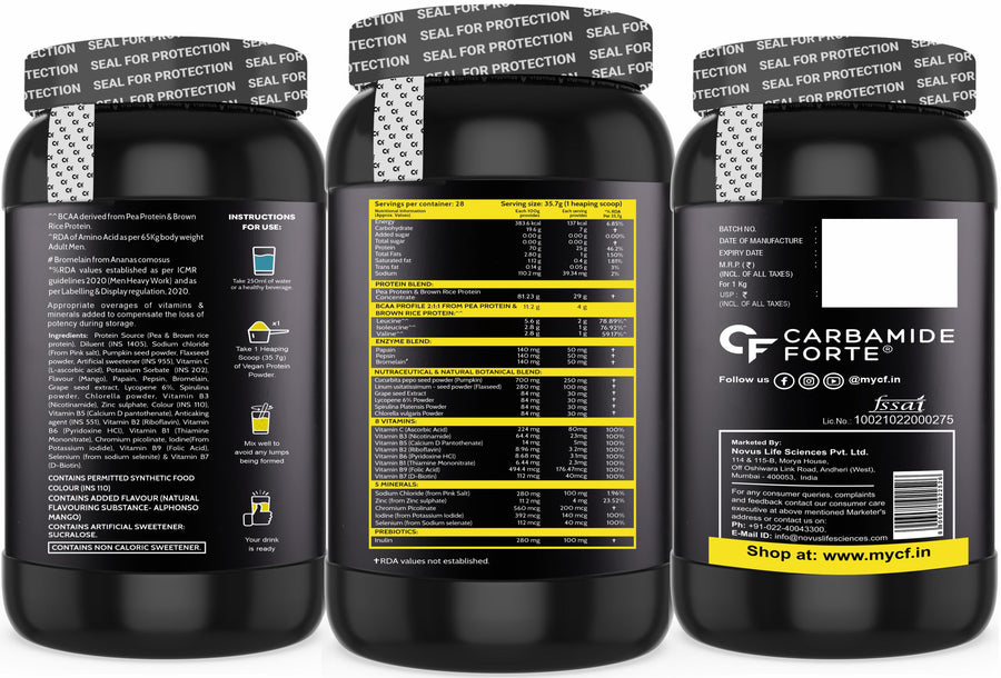 Carbamide Forte Vegan Protein Powder - Plant Based Pea Protein Powder with Multivitamin, Minerals, Superfoods, Digestive Enzymes - 1Kg
