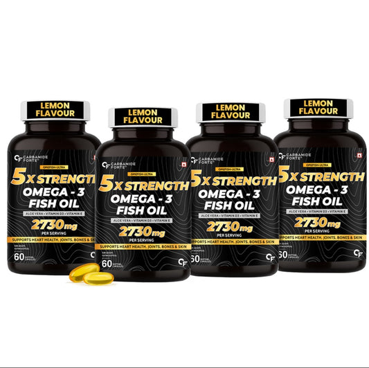 Carbamide Forte 5X Strength Omega 3 fish oil capsules 2730mg with Omega 3 supplement 1590mg and added vitamin A, D, E & Aloevera for Men & Women - Softgel Capsules 60 Count (pack of 4)