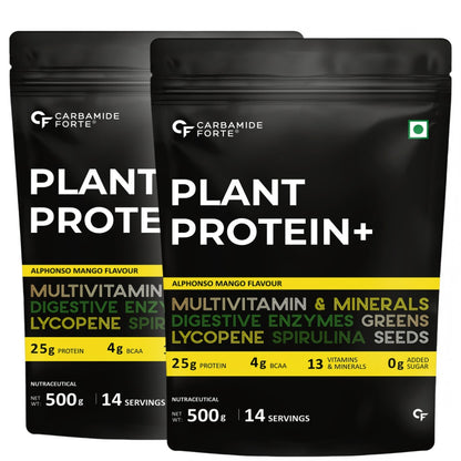 Carbamide Forte Vegan Protein Powder - Plant Based Protein Powder with Multivitamin, Minerals, Superfoods, Pea Protein, Digestive Enzymes | Plant Protein Powder - Alphonso Mango Flavour - 500g