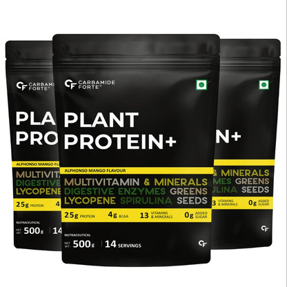 Carbamide Forte Vegan Protein Powder - Plant Based Protein Powder with Multivitamin, Minerals, Superfoods, Pea Protein, Digestive Enzymes | Plant Protein Powder - Alphonso Mango Flavour - 500g
