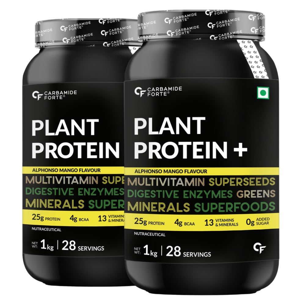Carbamide Forte Plant Protein Powder - Plant Based Pea Protein Powder with Multivitamin, Minerals, Superfoods, Digestive Enzymes - Alphonso Mango Flavour - 1kg