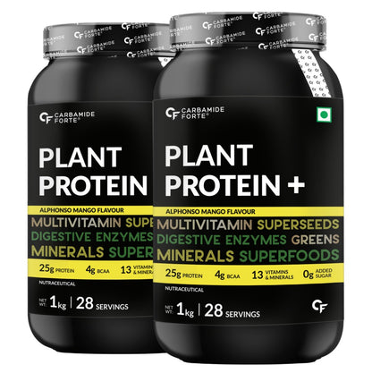 Carbamide Forte Plant Protein Powder - Plant Based Pea Protein Powder with Multivitamin, Minerals, Superfoods, Digestive Enzymes - Alphonso Mango Flavour - 1kg