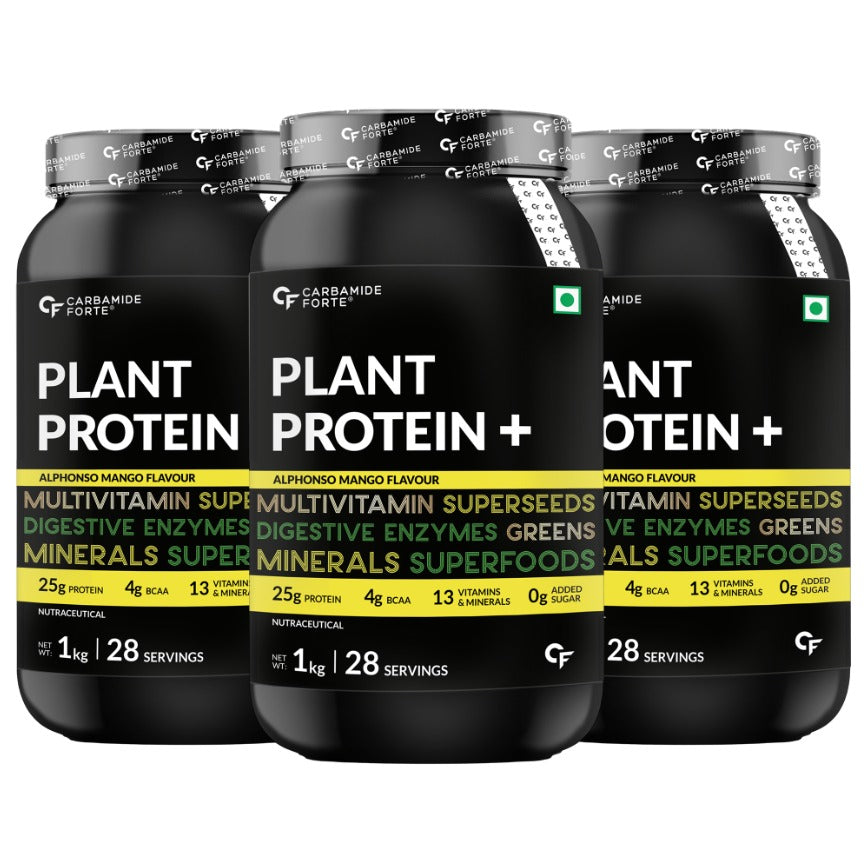 Carbamide Forte Plant Protein Powder - Plant Based Pea Protein Powder with Multivitamin, Minerals, Superfoods, Digestive Enzymes - Alphonso Mango Flavour - 1kg