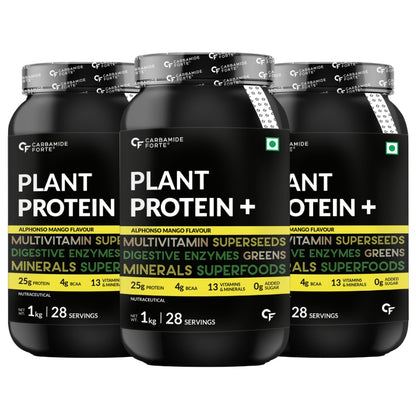 Carbamide Forte Plant Protein Powder - Plant Based Pea Protein Powder with Multivitamin, Minerals, Superfoods, Digestive Enzymes - Alphonso Mango Flavour - 1kg
