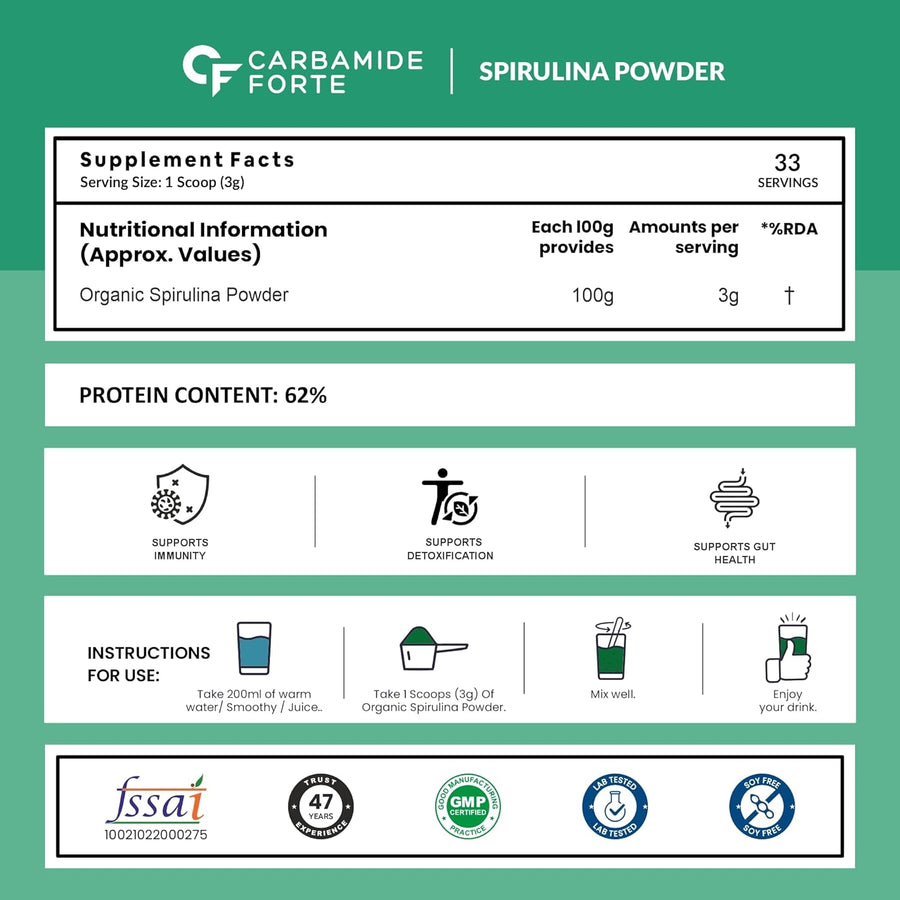 CF 100% Organic Spirulina - USDA Certified Organic Spirulina Powder for Immunity, Energy, Digestion & Skin Health | Plant Based Protein Superfood - 100g Veg Powder