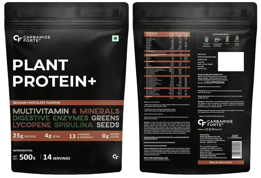 Carbamide Forte Plant Protein Powder - Plant Based Protein Powder with Multivitamin, Minerals, Superfoods, Pea Protein, Digestive Enzymes | Plant Protein Powder - Belgian Chocolate Flavour - 500g