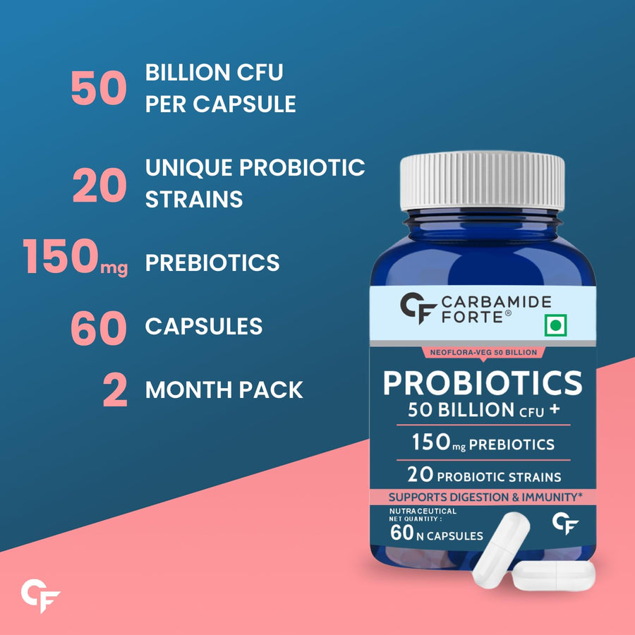 Carbamide Forte Probiotics Supplement 50 Billion CFU | Gut Health Supplements with Probiotic | Gut Cleanse with Prebiotics and Probiotics | Lactobacillus Reuteri | L Reuteri Probiotics Supplement for Gut Health – 60 Veg Capsules