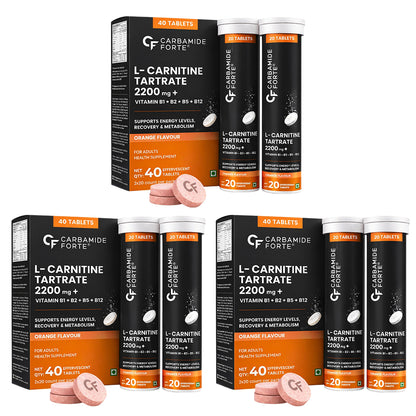 L-Carnitine Effervescent 2200mg with B-Complex Vitamins | Orange Flavour | 40 Tablets