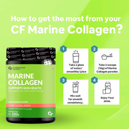 Carbamide Forte Marine Collagen Powder Supplement - for Skin Fish Collagen Powder for Women & Men - 200g Powder - Green Apple Flavour