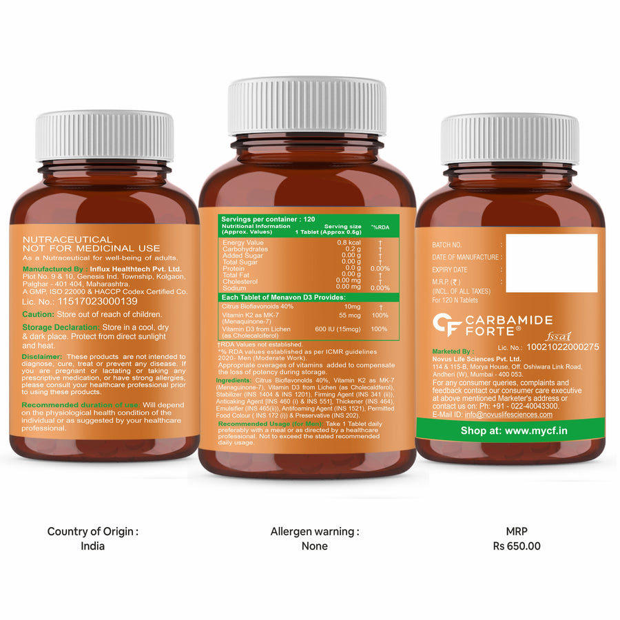 Carbamide Forte Vitamin D3 K2 MK7 | Plant Based Veg Vitamin D3 Supplement Lichen Source with Vitamin K2 MK7 Menaquinone - 120 Veg Tablets