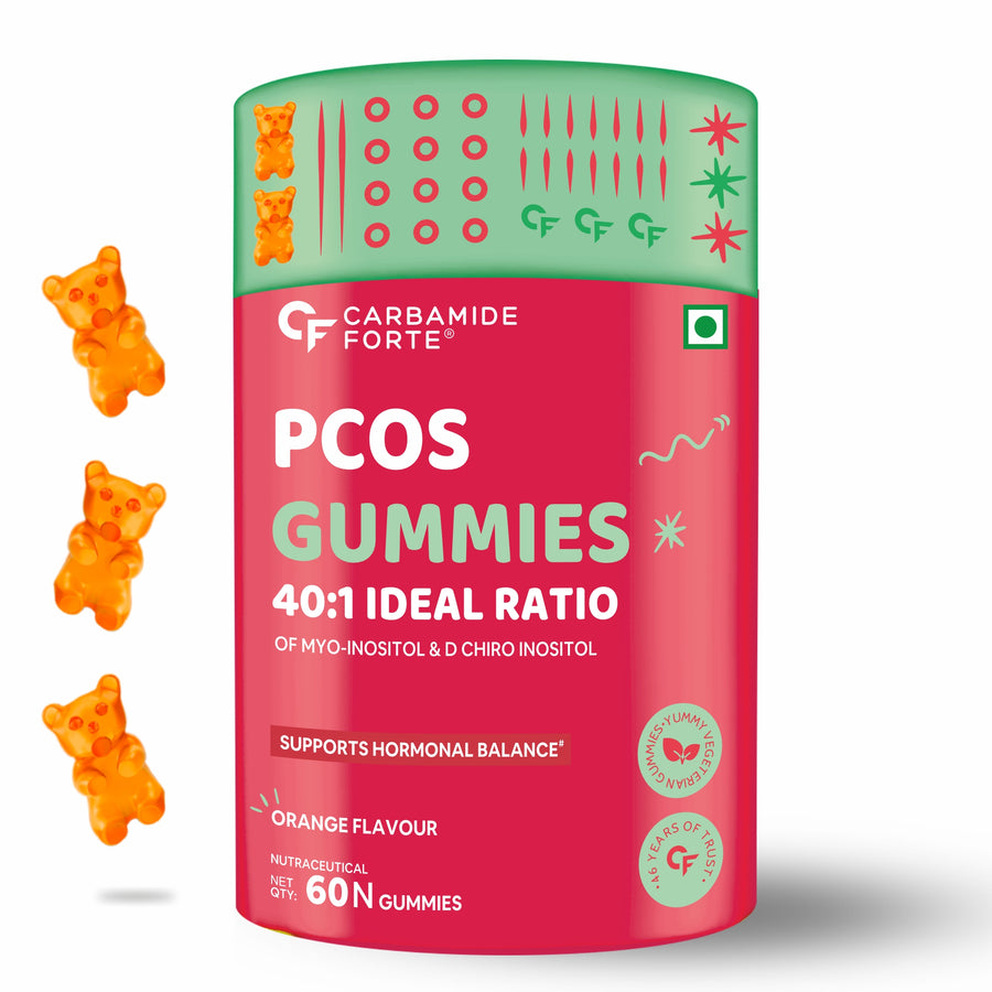 Carbamide Forte PCOS Supplements for Women with 40:1 Ratio of Myo & D Chiro Inositol Fortified with PCOS Vitamins & Minerals - Orange Flavour - 60 Veg Gummies