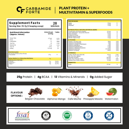 Carbamide Forte Vegan Protein Powder - Plant Based Protein Powder with Multivitamin, Minerals, Superfoods, Pea Protein, Digestive Enzymes | Pineapple Masala - 1Kg